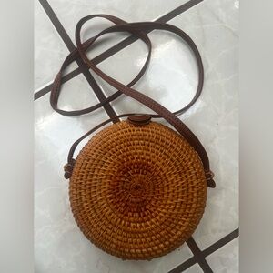 Brown Woven Round Crossbody Bag